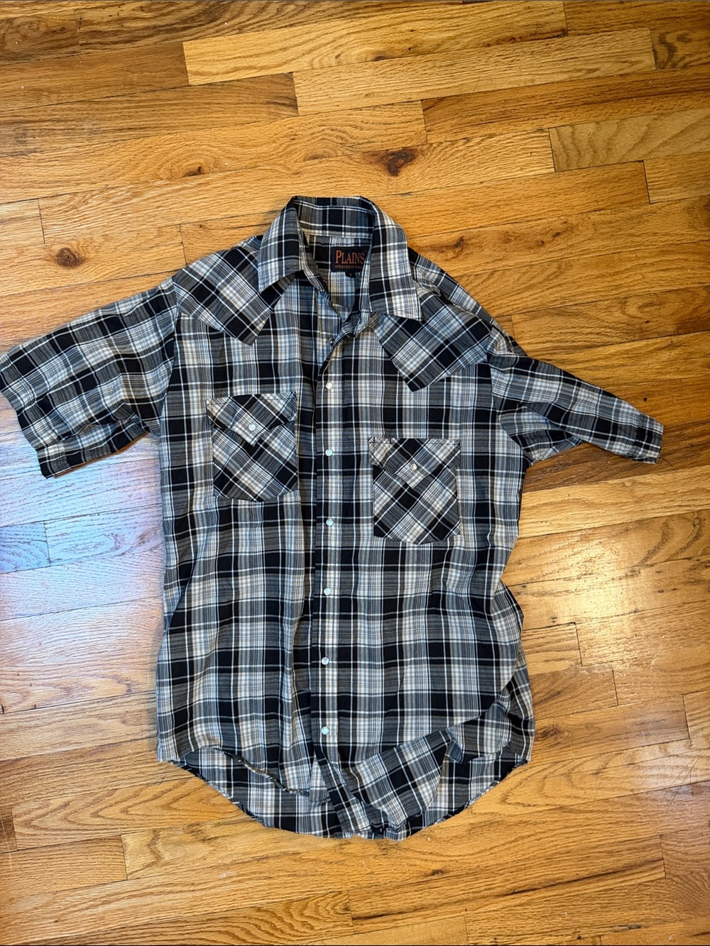 Plains Westernwear Black & White Plaid Short-Sleeve Pearl snap button-Down Shirt